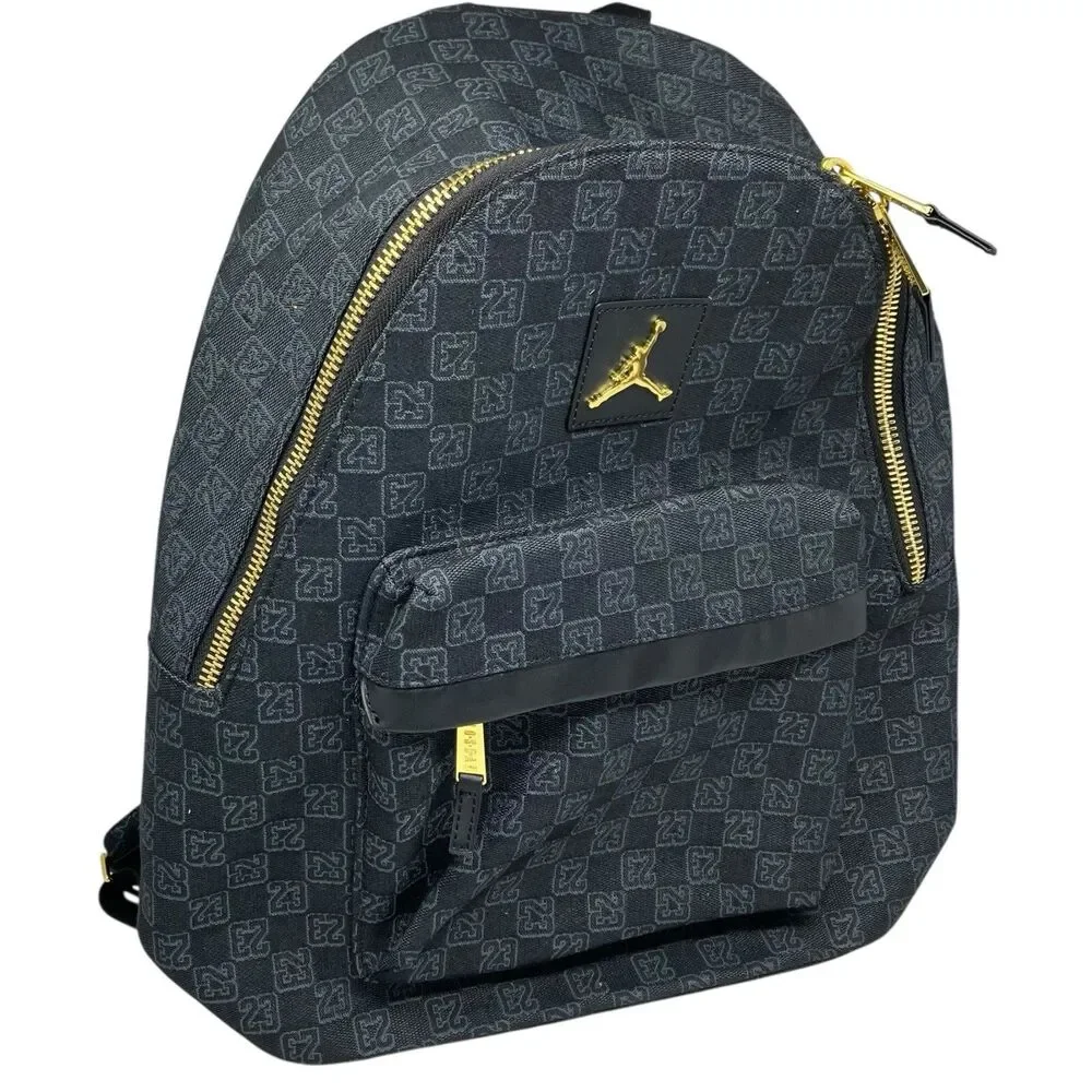 Jordan Monogram Backpack Womens 25L Black Gold Zip Jumpman School Travel Bag